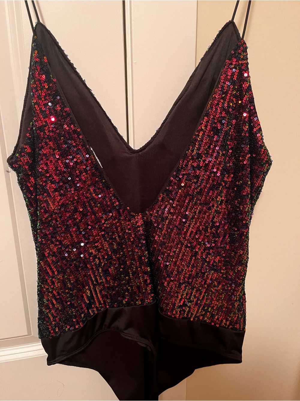 Revamped Black Bodysuit with Iridescent Red Sequins